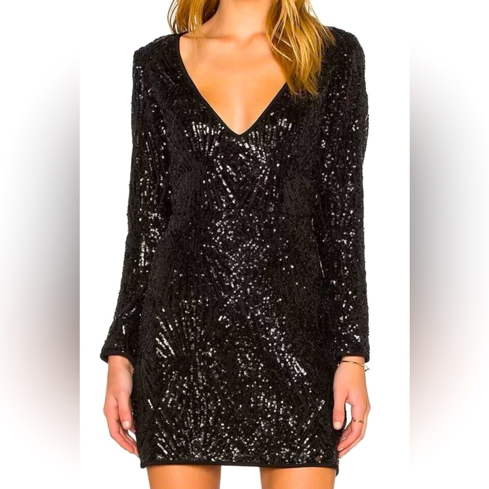 Black Sequin Mini Dress V Neck